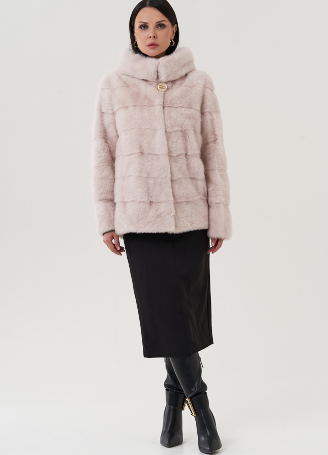 фото Шуба бежевого цвета из меха норки модель № 25397