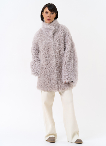 Женская двухсторонняя дубленка с воротником стойкой