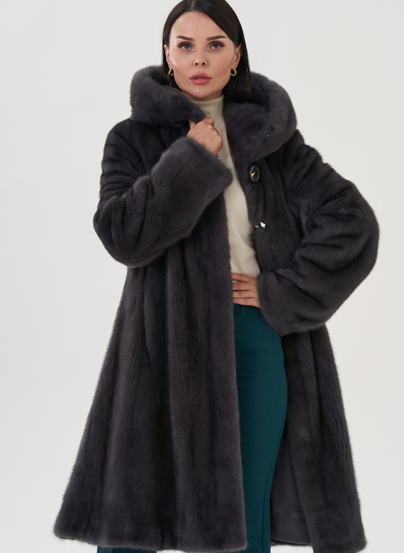Норковая шуба годе/балетка в роспуск с капюшоном цвета графит