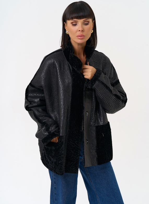 Женская двухсторонняя дубленка с воротником стойкой