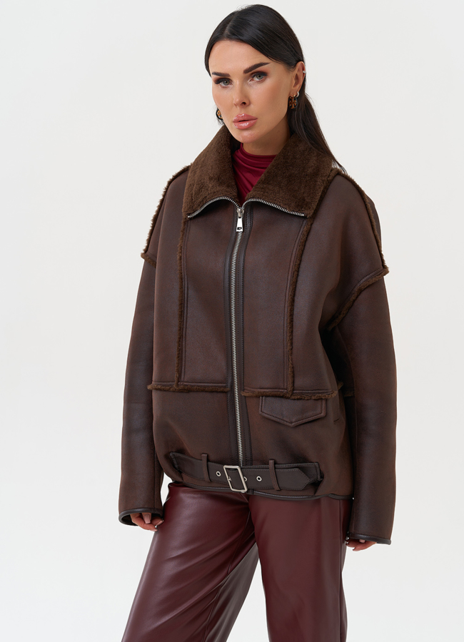 Женская дубленка коричневого цвета  модель № 31282 универмаг малина