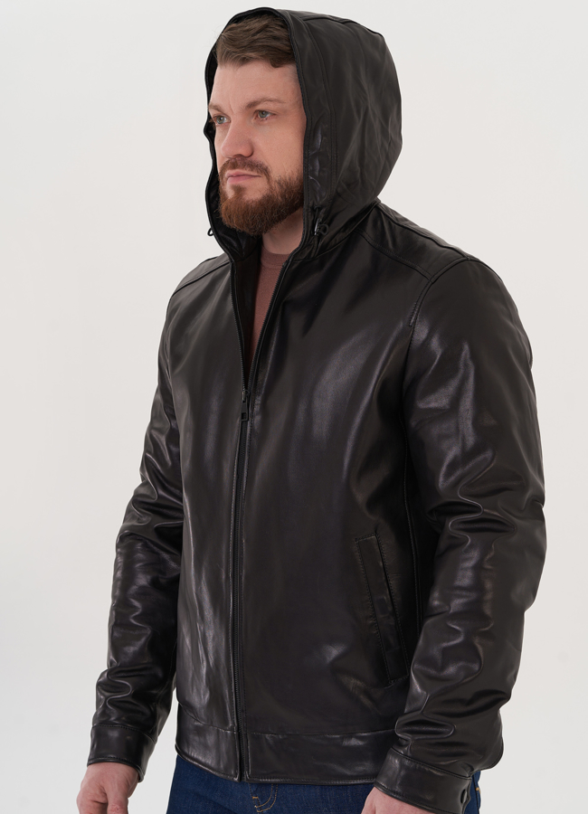 Мужской кожаный бомбер с капюшоном модель № 26926 универмаг малина