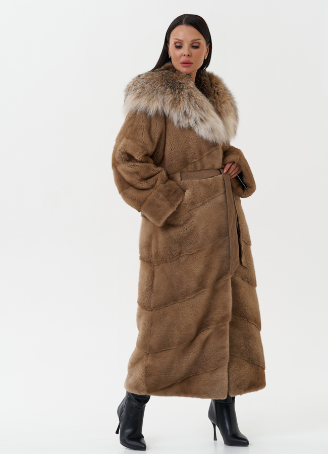 Длинная шуба из норки с капюшоном из рыси модель № 27844 универмаг малина