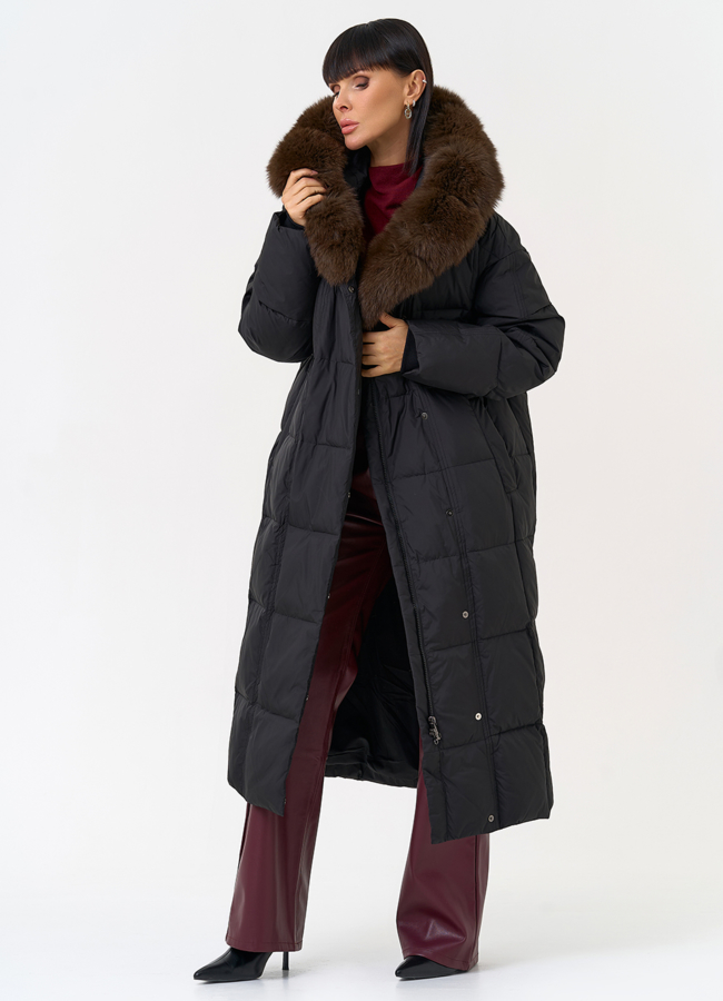 Женский пуховик черного цвета с капюшоном из меха песца модель № 31614 универмаг малина