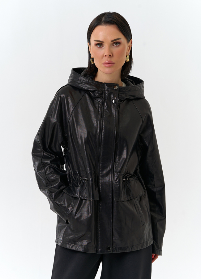 Женская куртка из натуральной кожи  с капюшоном модель № 32528 универмаг малина