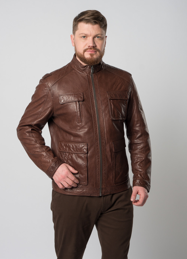 Мужская кожаная куртка коричневого цвета модель № W8055 меха малина