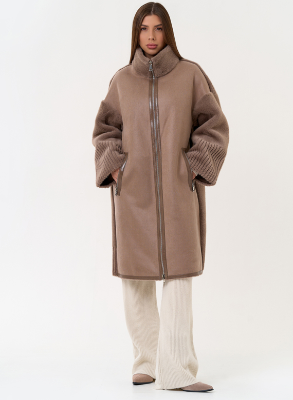 Женская двухсторонняя дубленка из эко замши с воротником стойкой