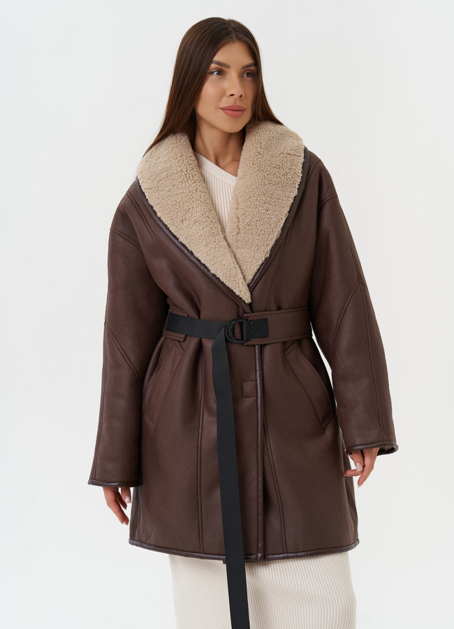 Женская дубленка из эко кожи с воротником шаль модель № 28526 в рассрочку