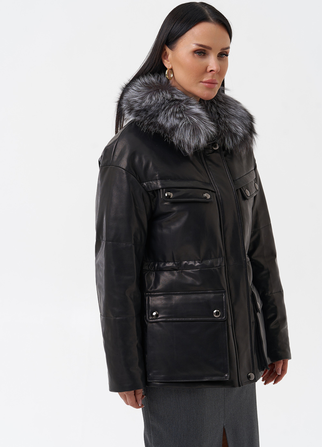 Кожаный пуховик с мехом модель № 29405 универмаг малина