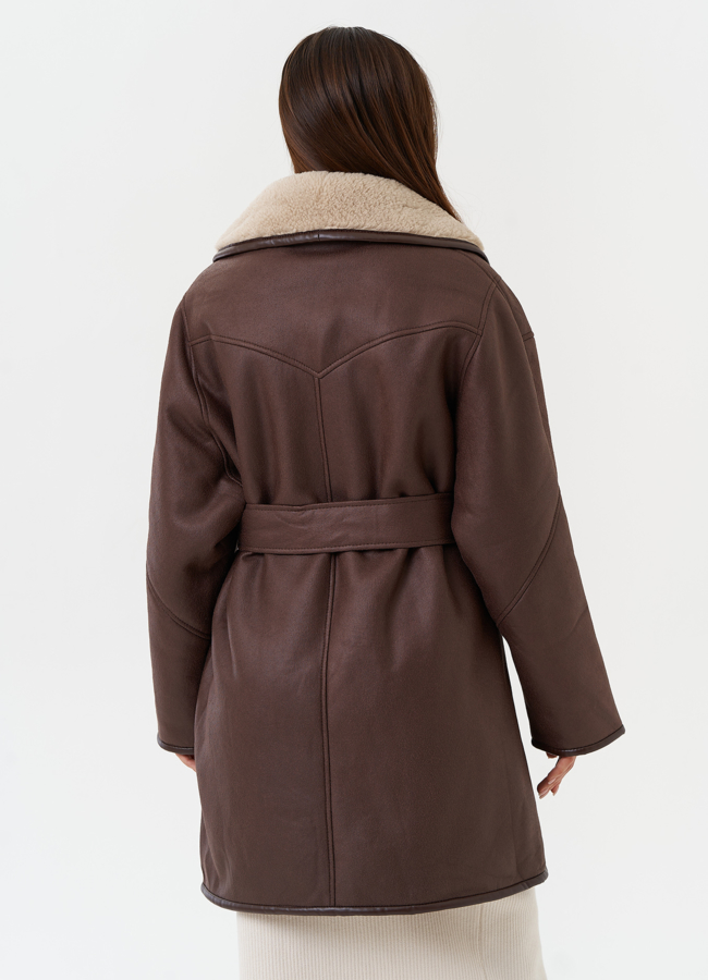 Женская дубленка из эко кожи с воротником шаль модель № 28526 универмаг малина