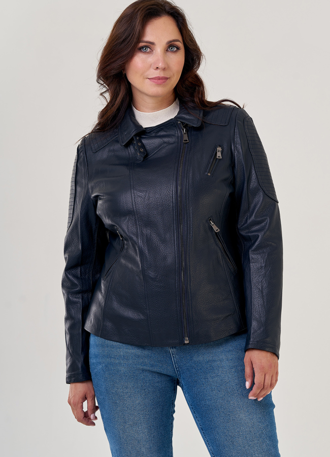 Куртка косуха из натуральной кожи в синем цвете модель № 10636 меха малина