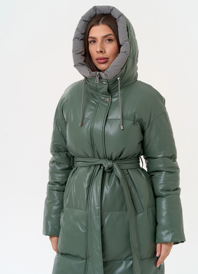 Женский пуховик из эко кожи с капюшоном модель № 30729 универмаг малина