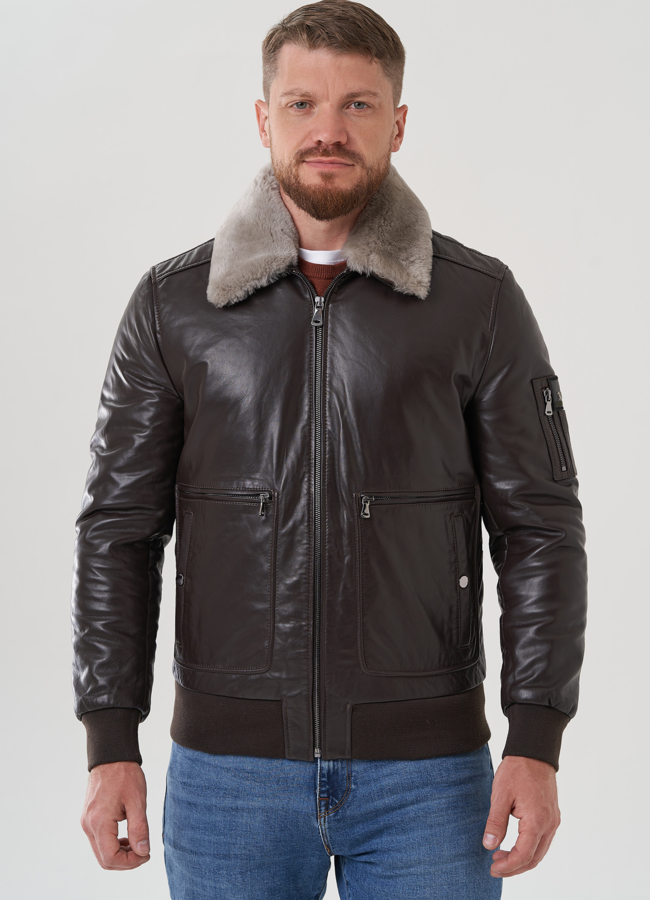 Мужская куртка из натуральной кожи  модель № 81840 меха малина