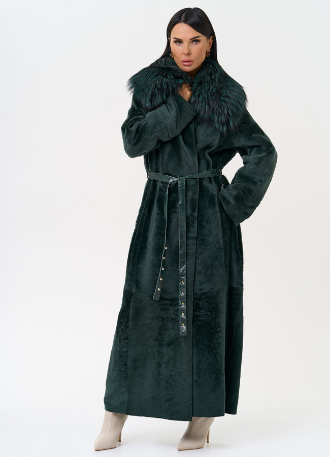 Женская двусторонняя дубленка из меха овчины Cortos с поясом из кожи питона модель № 31400 универмаг малина