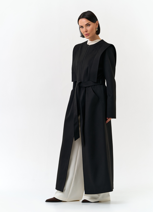 Женское длинное пальто с акцентными плечами модель № 32856 универмаг малина