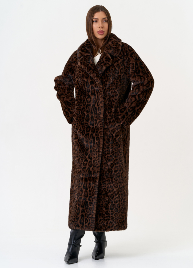 Длинная шуба из эко меха с анималистическим принтом модель № 31266 в рассрочку