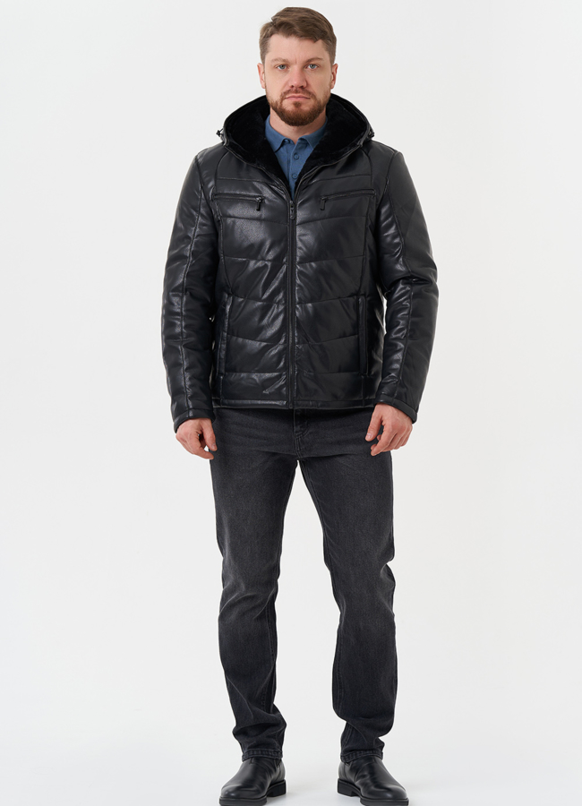 Утепленная куртка из эко кожи с капюшоном модель № 27739 меха малина