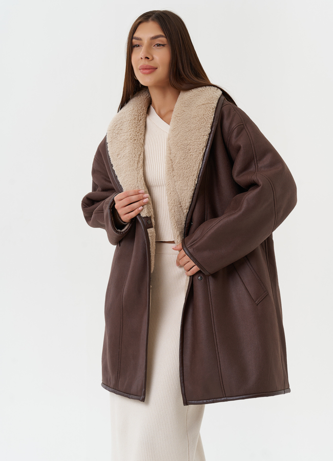 Женская дубленка из эко кожи с воротником шаль модель № 28526 универмаг малина