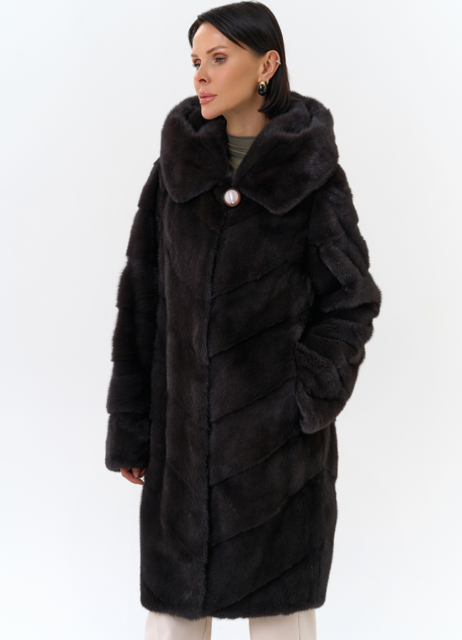 Норковая шуба с капюшоном модель № 25605 универмаг малина