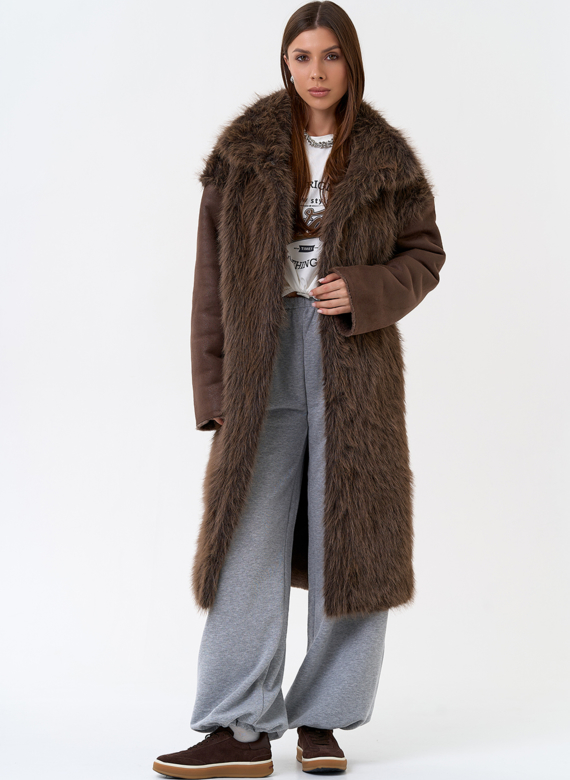 Женская дубленка из эко замши с отделкой из эко меха
