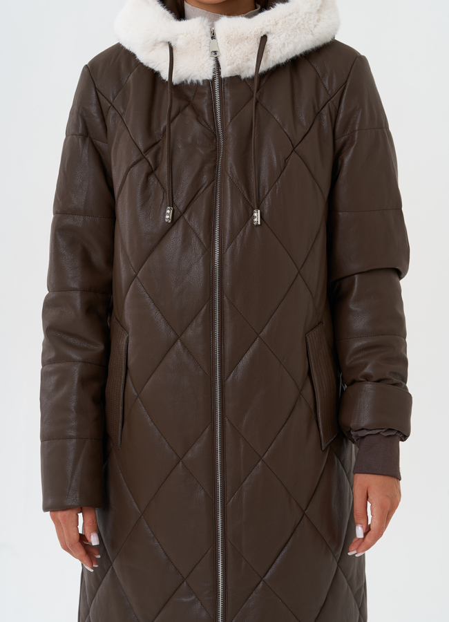 Пуховик из эко кожи с капюшоном модель № 27730 универмаг малина