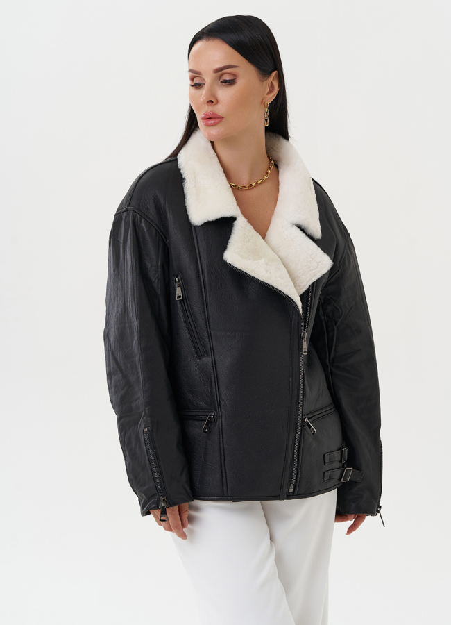 Натуральная дубленка оверсайз модель № 28429 меха малина