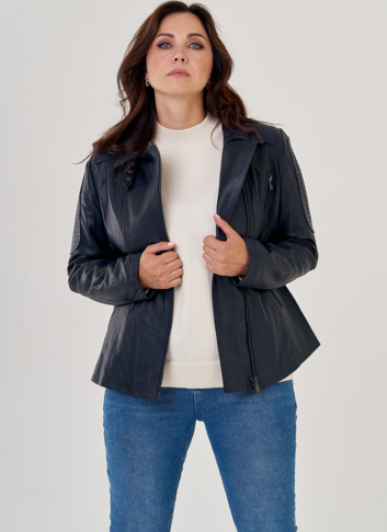 Куртка косуха из натуральной кожи в синем цвете