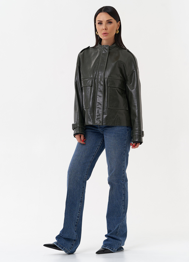 Женская кожаная куртка зеленого цвета модель № 77871 универмаг малина