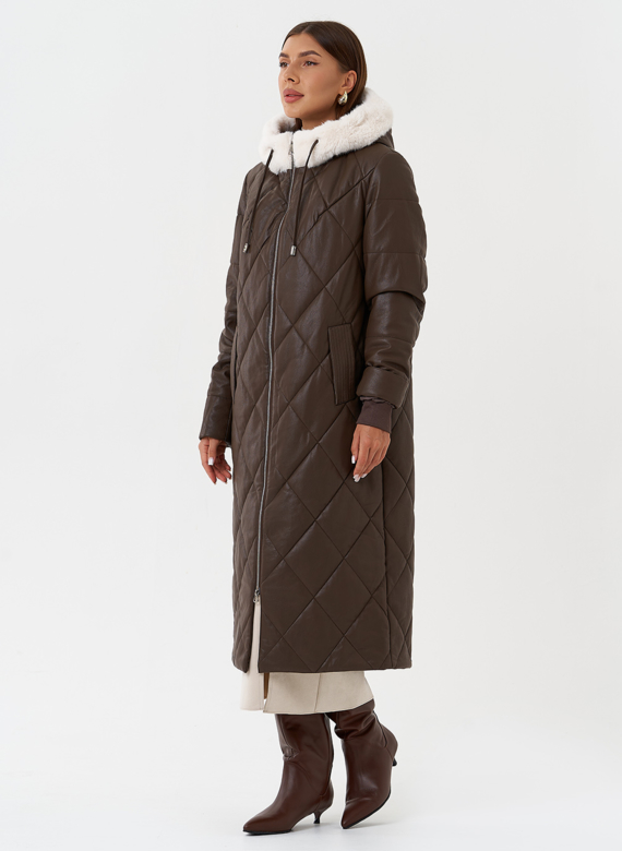 Пуховик из эко кожи с капюшоном