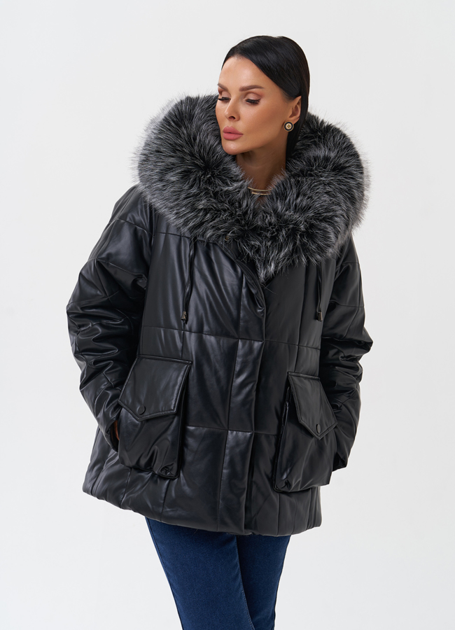 Пуховик из эко кожи с капюшоном из эко меха  модель № 27707 универмаг малина