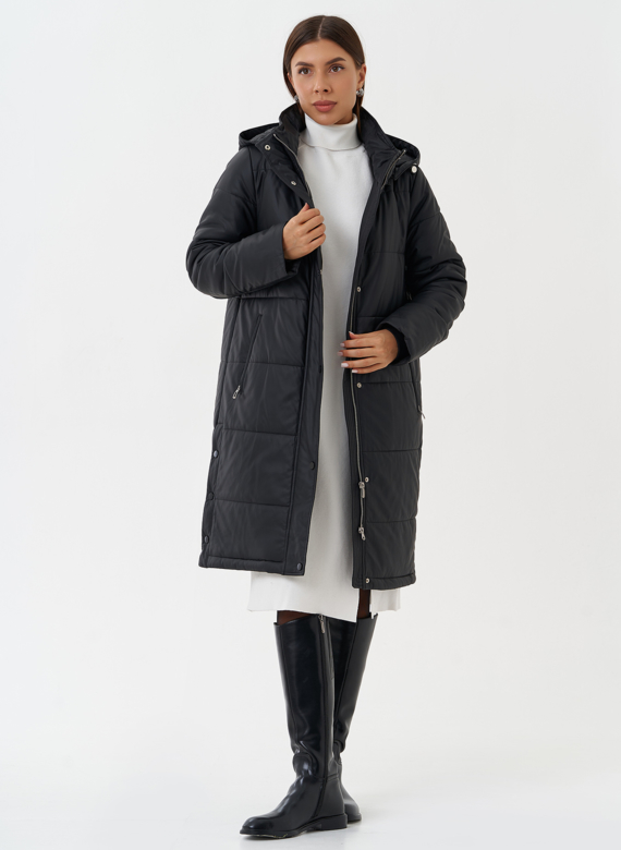 Пуховик из эко кожи с капюшоном