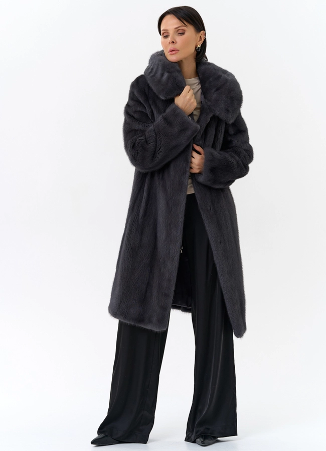 Норковая шуба годе/балетка в роспуск с капюшоном цвета графит модель № 27646 универмаг малина