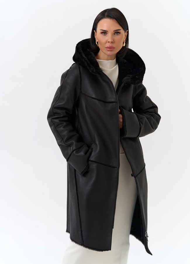 Женская натуральная дубленка с капюшоном модель № 32199 универмаг малина