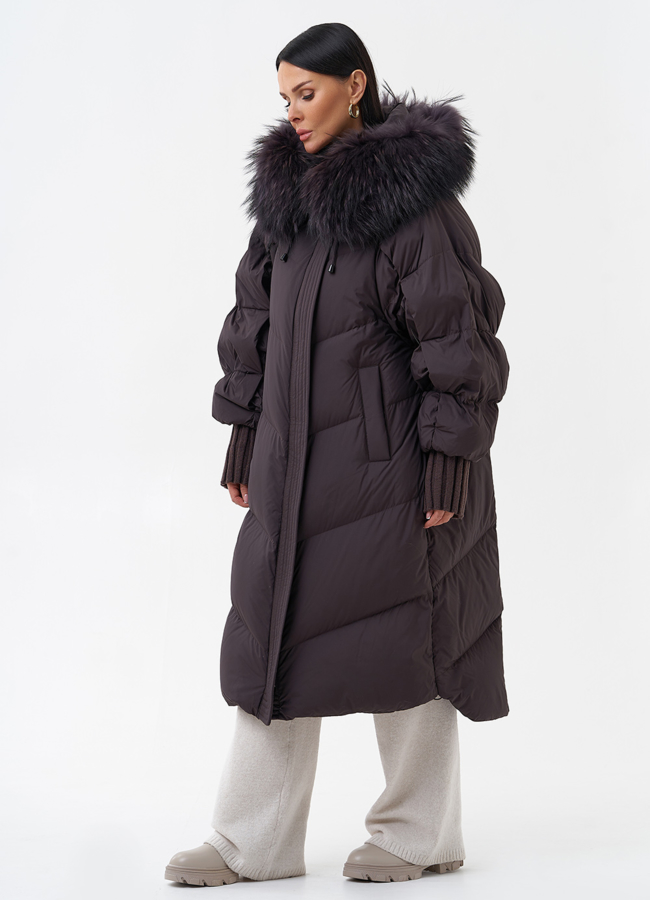 Длинный женский пуховик с капюшоном модель № 29359 универмаг малина