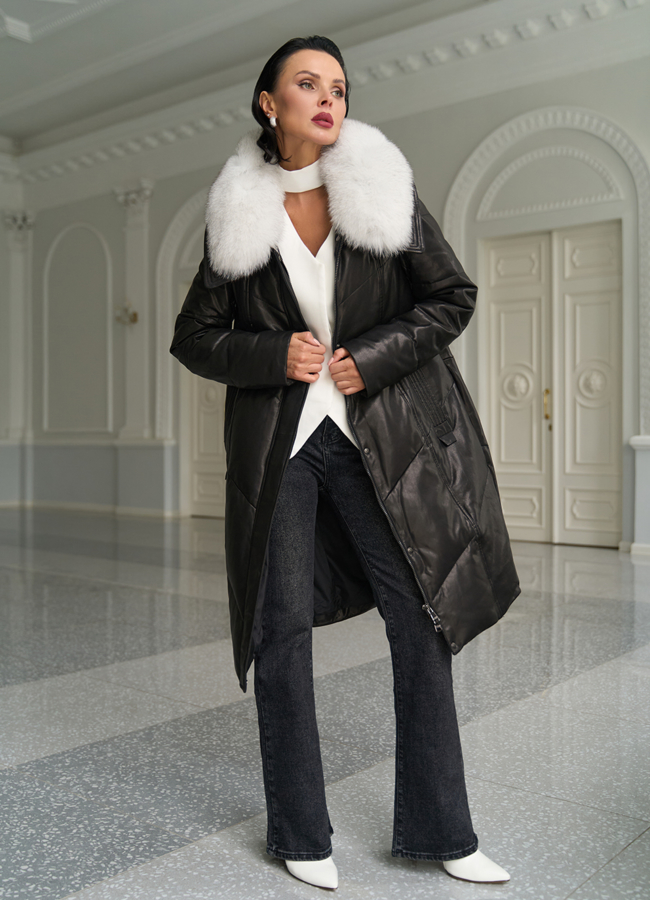 Длинный пуховик из натуральной кожи модель № 31568 универмаг малина