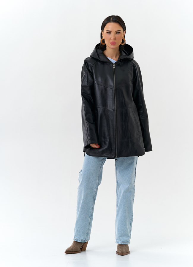 Женская куртка из натуральной кожи с капюшоном модель № 32874 в кредит