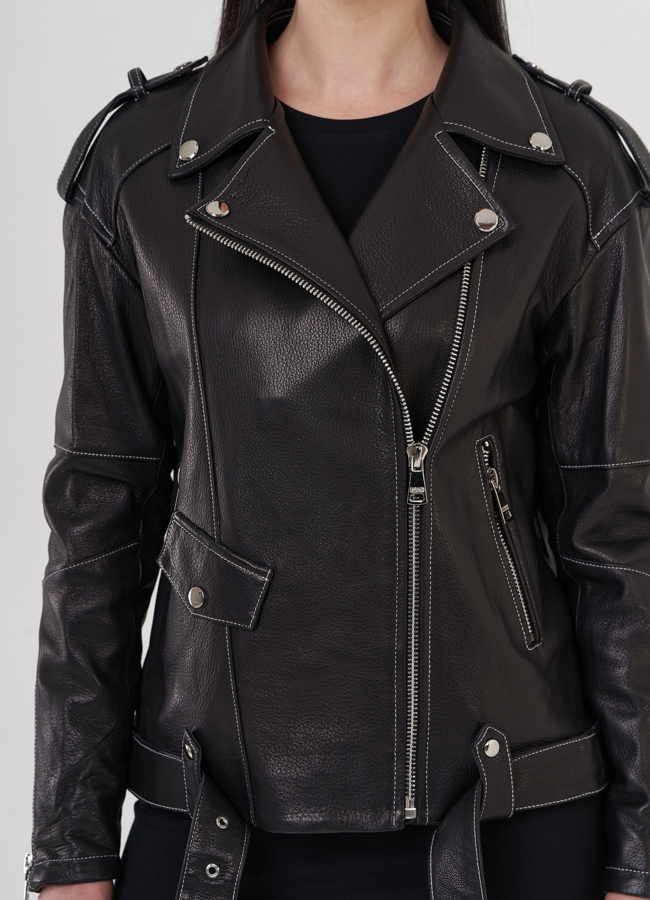 Кожаная куртка с контрастной строчкой модель № 597 универмаг малина